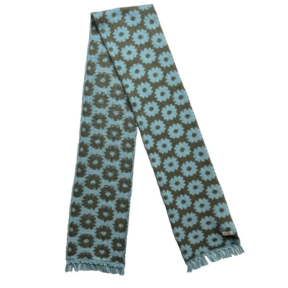 ECHO‎ Reversible Scarf Floral Wool Angora Rabbit Blue Green Floral Fringe Boho - Picture 1 of 7